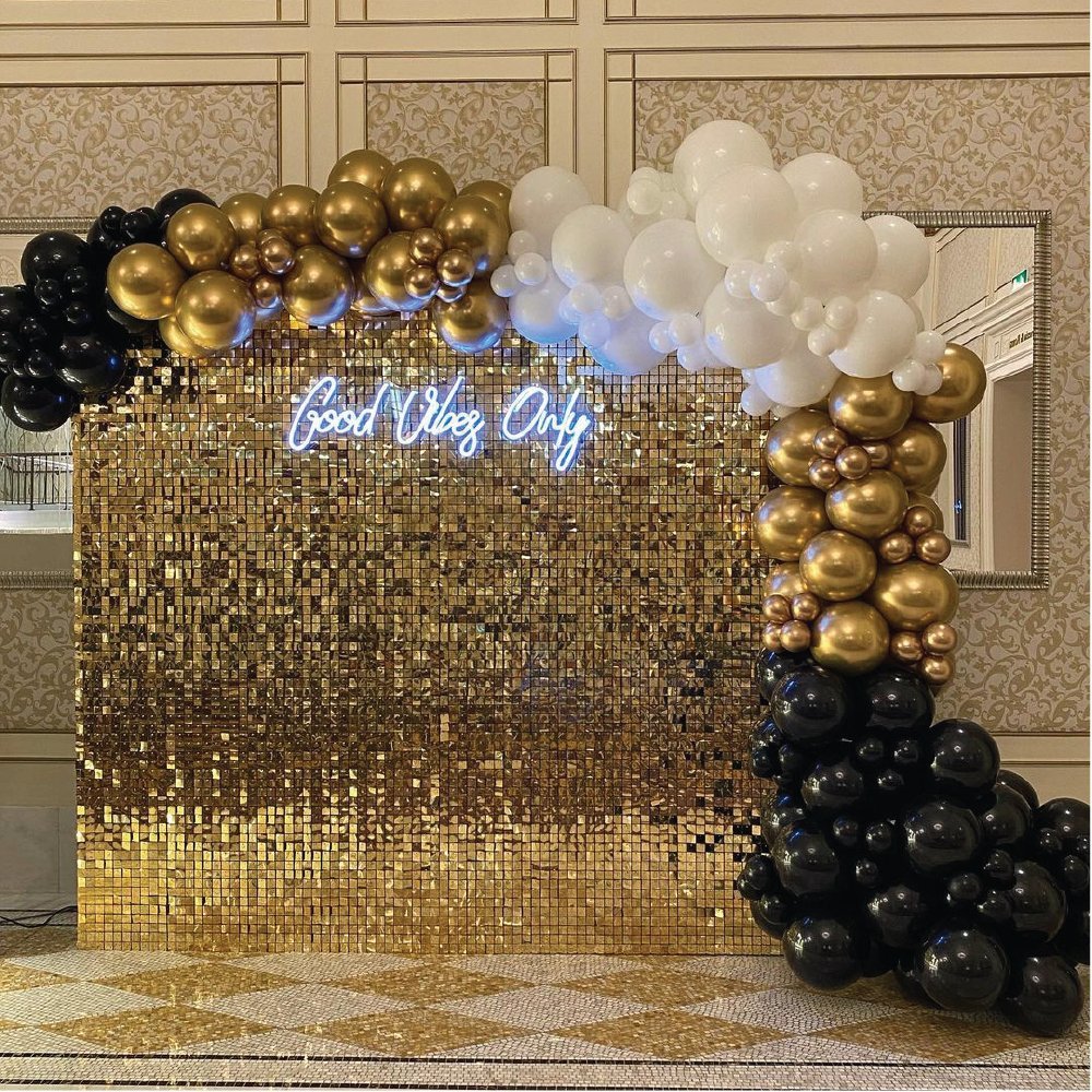 Gold Shimmer Wall with Luxury Garland - The Pop Shop Dubai / Luxury Balloon Decor